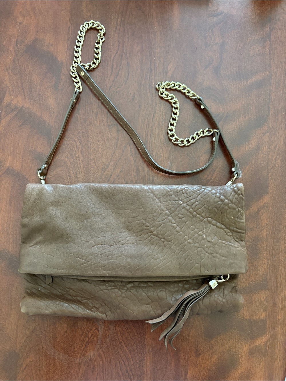 Stella & Dot Taupe Fold-Over Crossbody with Tassel